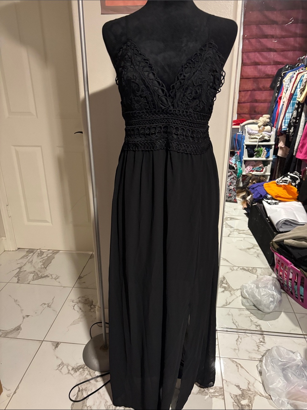 Black Crochet Bodice Maxi Dress with Spaghetti Straps